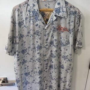 Replay Gray Short-Sleeve Button-Down with Blue Floral Print and Red Logo
